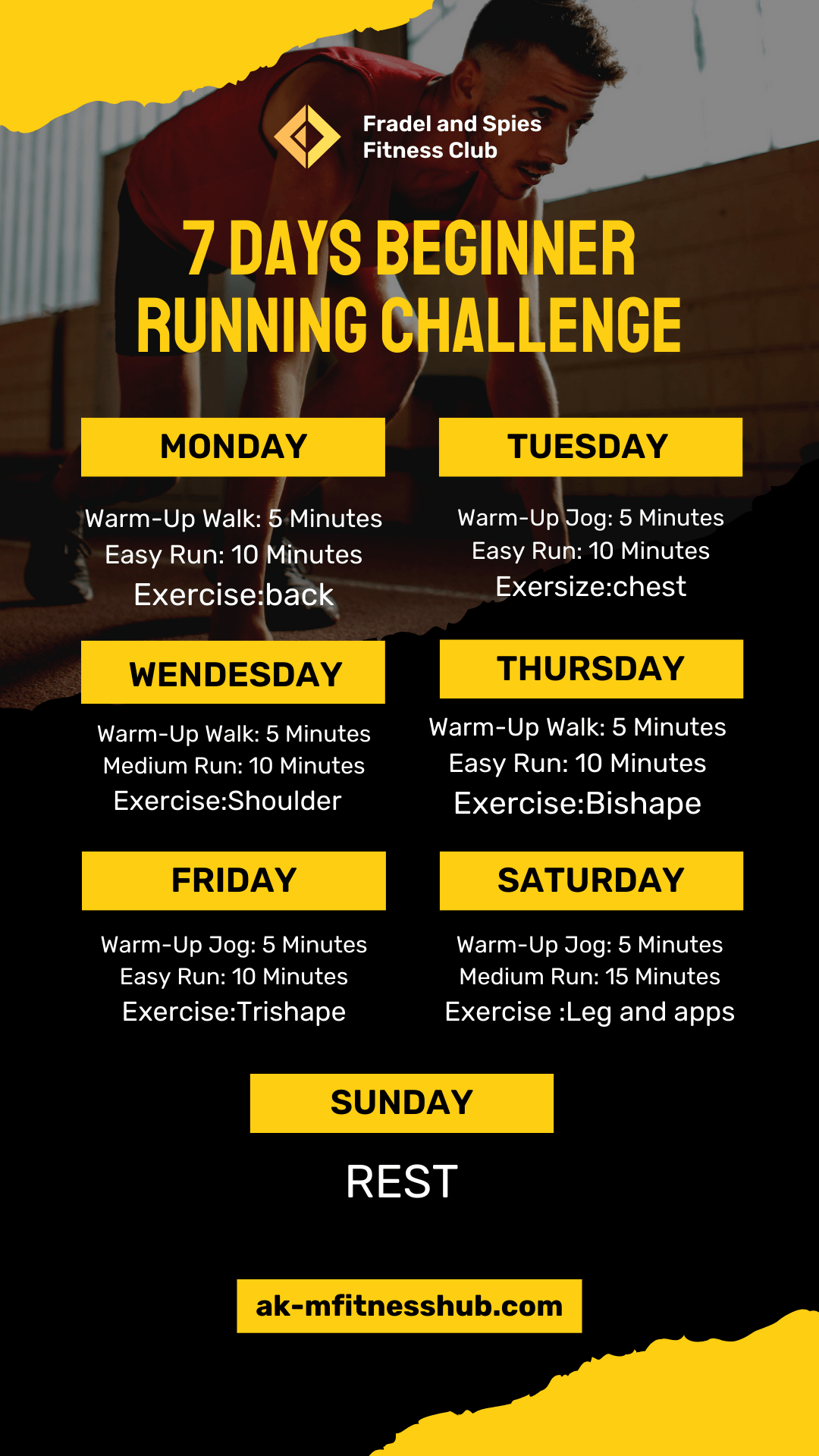 "Instagram Story template with a black and yellow gym fitness theme for a weekly workout challenge."