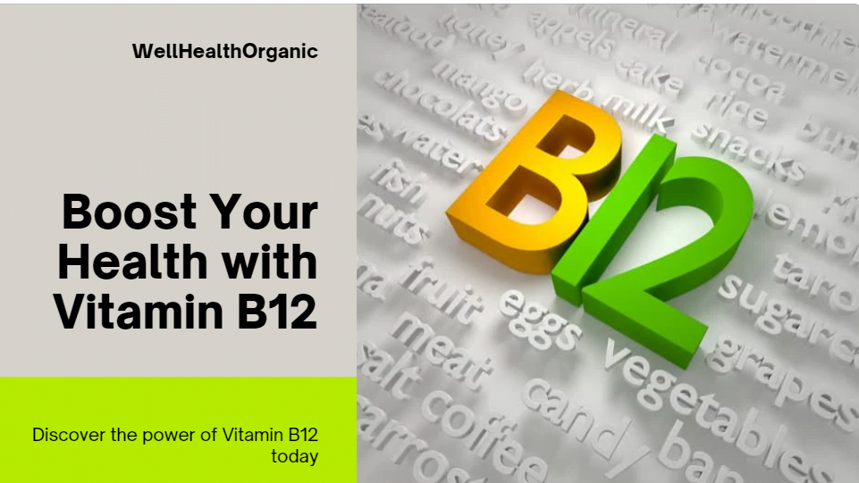 "Image showing various wellhealthorganic Vitamin B12-rich foods including eggs, dairy products, fish, meat, and fortified cereals, highlighting sources and uses of Vitamin B12 for health."