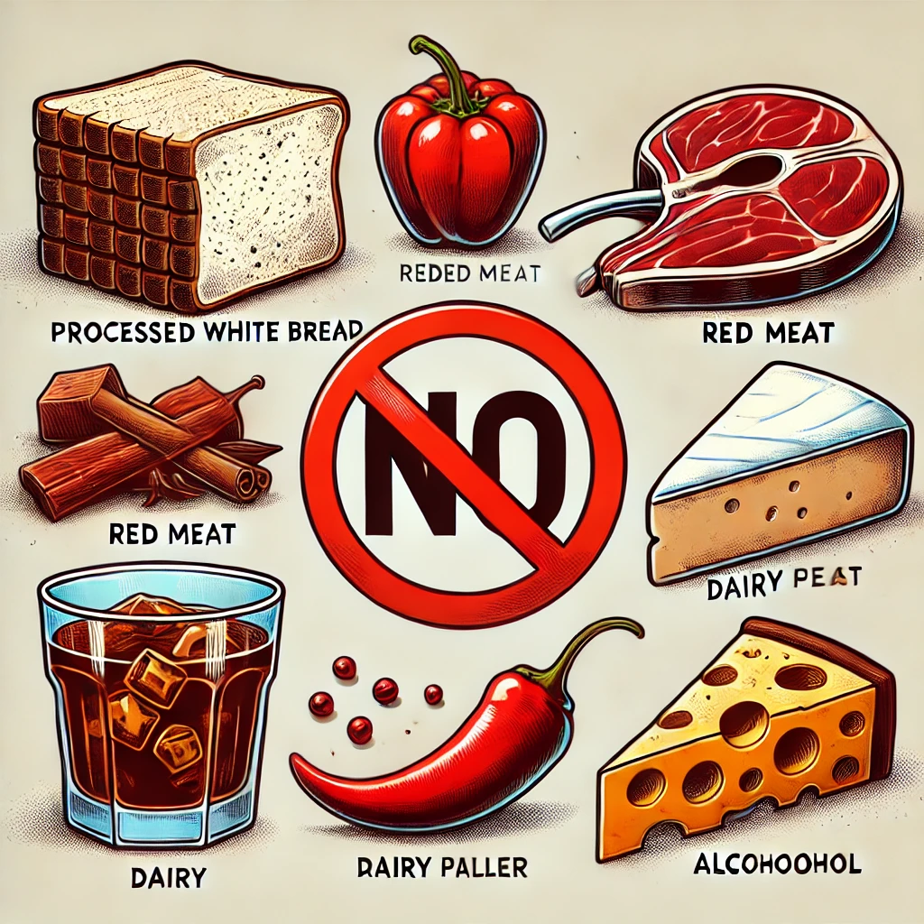 The image is ready and visually represents the 5 foods to avoid with hemorrhoids. It clearly shows processed white bread, red meat, cheese, a spicy chili pepper, and an alcoholic beverage, all marked with a red 'no' symbol to emphasize that these foods should be avoided.