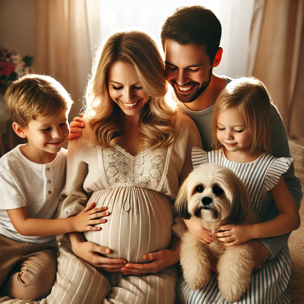 Here's the generated image of a warm and loving family photo shoot, showcasing an expectant mother along with her partner, children, and a pet. It captures the joyful and affectionate moment as everyone eagerly anticipates the new arrival. 