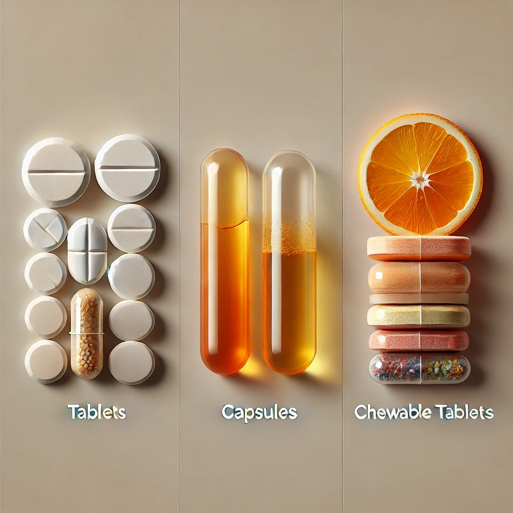 The image comparing Vitamin C tablets, capsules, and chewable forms has been generated. Let me know if you need any adjustments!






