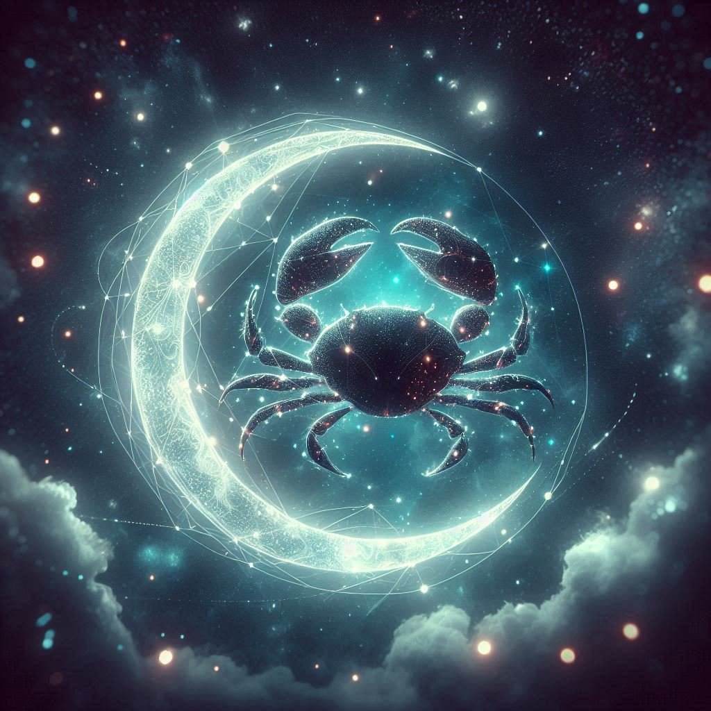 "Illustration of the Cancer zodiac symbol: a detailed crab with celestial and oceanic elements in the background, symbolizing the nurturing, intuitive, and protective nature of those born under the Cancer sign."