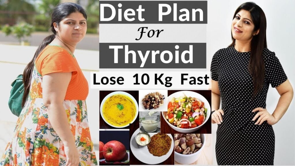 "A visually appealing diet chart for women managing thyroid health, featuring colorful sections for breakfast, lunch, snacks, and dinner. It includes healthy food options like almonds, lemon water, moong dal chilla, yogurt, fruits, brown rice, grilled vegetables, nuts, coconut water, herbal tea, whole wheat roti, and turmeric milk."