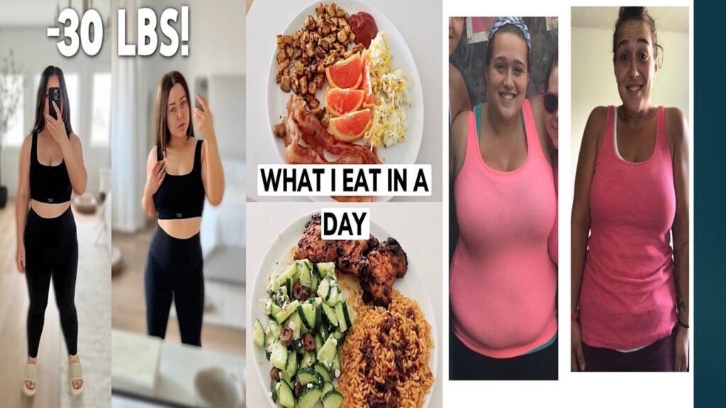 before and after transformation photo of a person who lost 30 pounds after healing their gut by quitting four inflammatory foods, with a caption pointing to the foods and a green checkmark indicating a healthy gut."