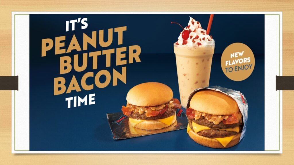 A Sonic Peanut Butter Bacon Cheeseburger featuring a juicy beef patty, crispy bacon, melted cheese, and a creamy layer of peanut butter in a soft, toasted bun.