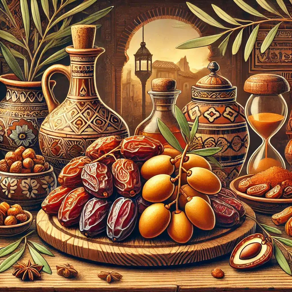 An illustration showcasing a variety of dates with a Spanish culinary theme. Display different types of dates like Medjool and Deglet Noor, beautifull