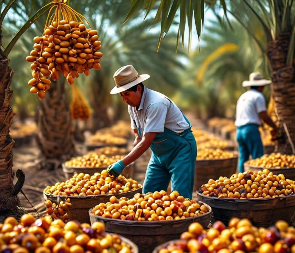 "Fresh dates fruit hanging from a palm tree in Mexico, with a vibrant blue sky in the background, surrounded by lush green leaves and a few date palm fronds, showcasing the sweet and succulent fruit grown in Mexico's warm climate.