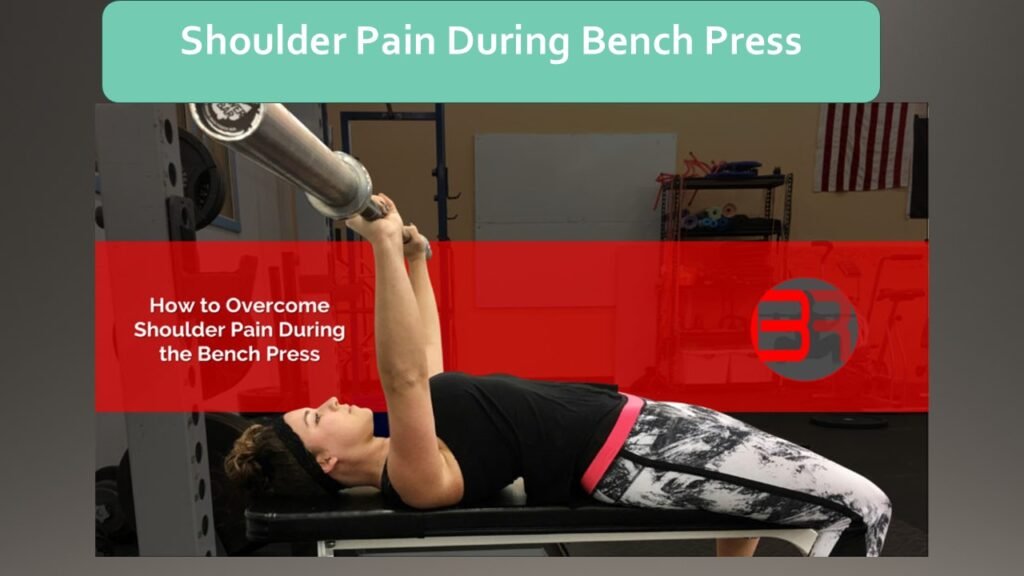 "Illustration showing shoulder pain during a bench press exercise, highlighting common causes like rotator cuff strain, improper form, and shoulder impingement."