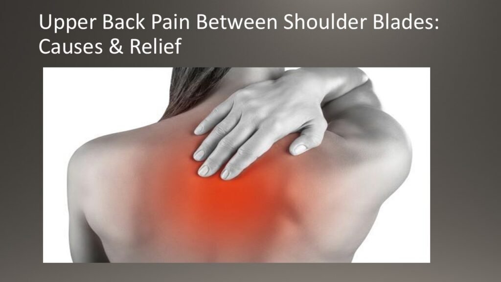 Person holding their upper back between shoulder blades, showing discomfort from pain, with arrows pointing to the affected area. Illustrating back pain relief.