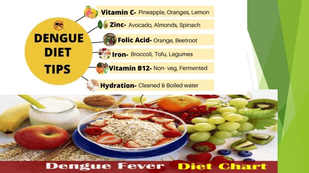 Plate of nutritious fruits and vegetables for a balanced dengue diet, including kiwi, papaya, bananas, and oranges, to boost recovery and immune health