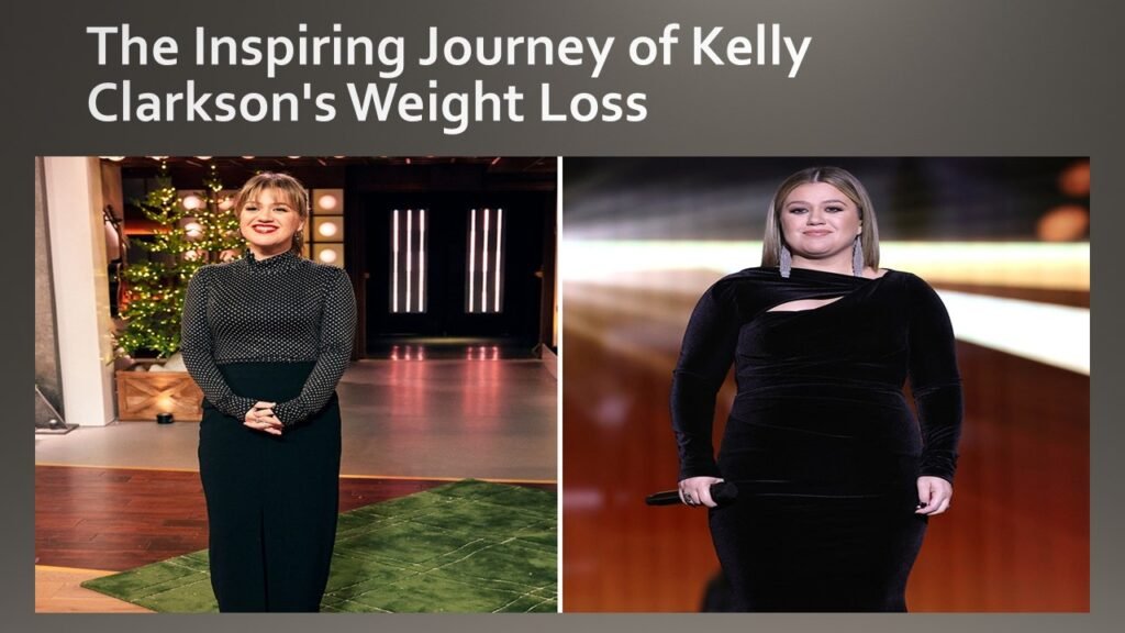 "Kelly Clarkson standing confidently, showing her healthy transformation. She wears a stylish outfit and smiles brightly, reflecting her positive mindset and balanced approach to health and wellness, with a background that symbolizes her journey toward mental and physical well-being."