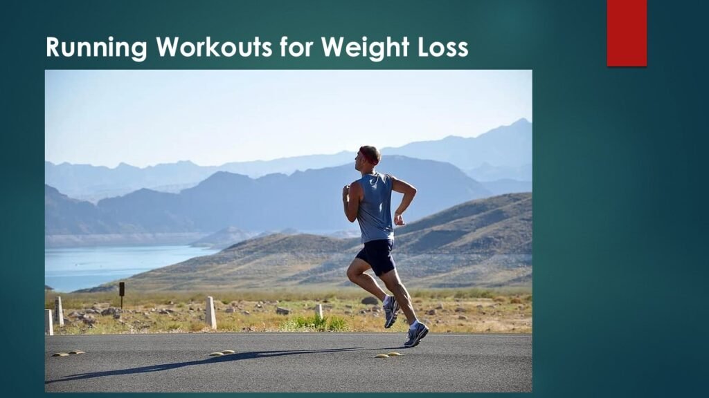 "Person jogging on a scenic trail during sunset, symbolizing the joy and motivation in running workouts for weight loss, with trees and a clear sky in the background."