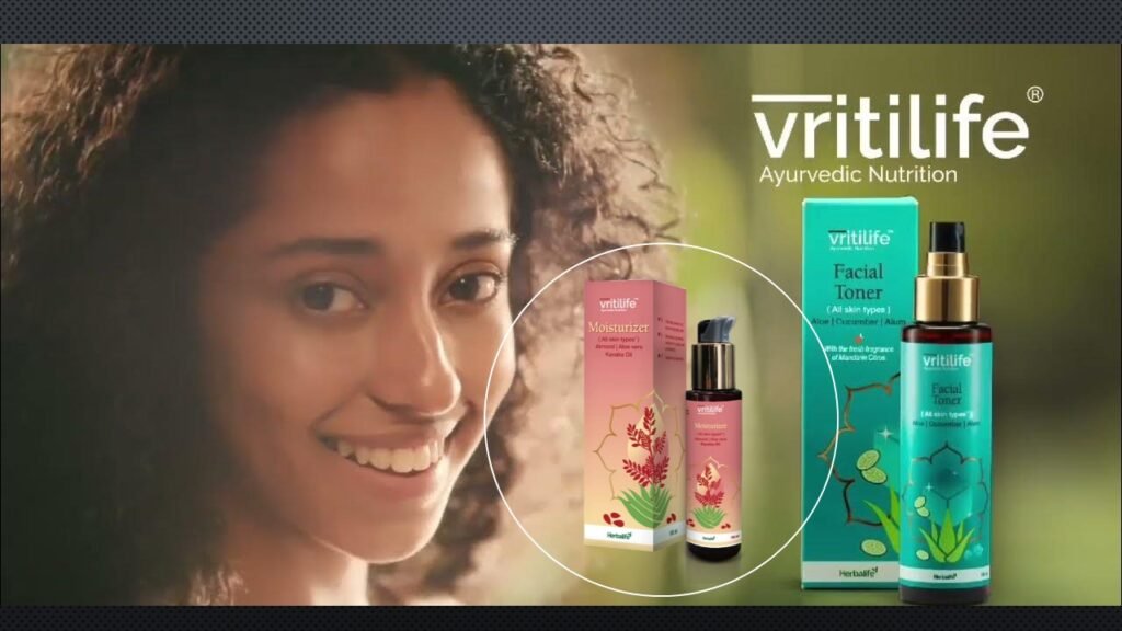 "VritiLife skin care products - natural facial cleanser and serum arranged on a clean, minimal surface, highlighting ingredients like neem, turmeric, and kunkumadi oil for radiant, healthy skin."