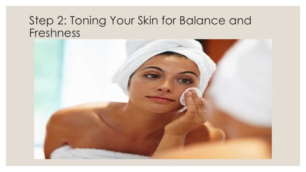 "Person applying toner with a cotton pad to cleanse and balance skin after washing, avoiding the eye area." 