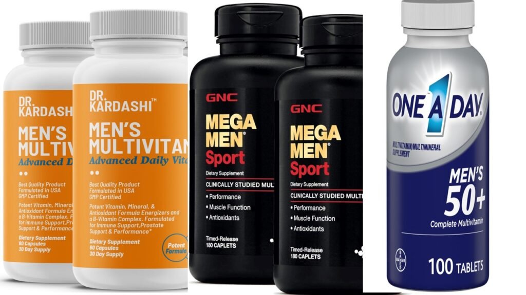 "Top 5 Best Multivitamins for Men - Bottles of multivitamins displayed on a clean background, highlighting essential nutrients for men’s health, energy, and immunity."