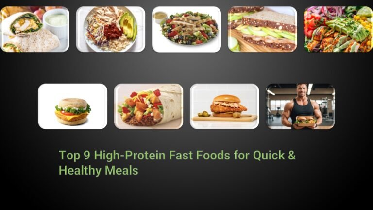 "An assortment of high-protein fast foods options, including a grilled chicken sandwich, a salad with grilled chicken, and a protein bowl with beans and vegetables, ideal for a quick and healthy meal on the go."