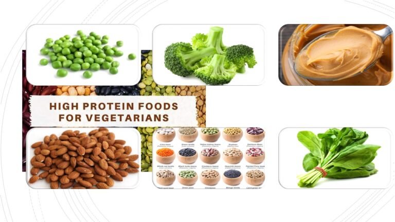 "Various high-protein foods for kids, including bowls of lentils, chickpeas, Greek yogurt with fruit, a quinoa salad, almonds, cottage cheese with fruit, steamed edamame, roasted pumpkin seeds, tofu stir-fry, peanut butter on apple slices, a bowl of green peas, fresh spinach leaves, steamed broccoli with dip, chia seed pudding, and a glass of milk."