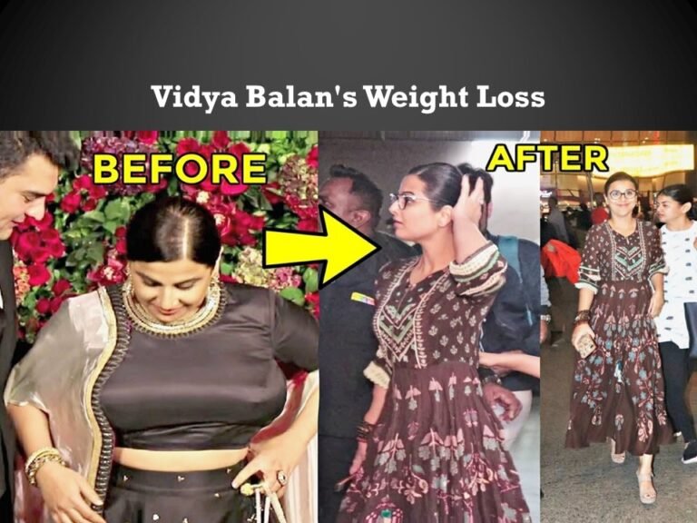 "Vidya Balan's weight loss journey:smiling and looking fit, showcasing her weight loss transformation in a stylish outfit."